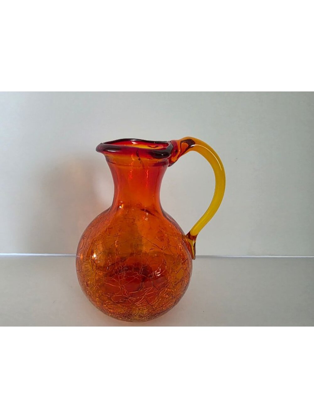 Vintage Blenko Hand-Blown Amberina Crackle Glass Pitcher Yellow Handle